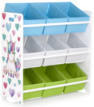 dřevěná knihovna s barevnými kontejnery, krabice na hračky - jednorožec