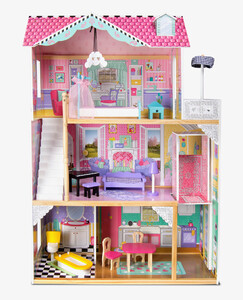 velký dřevěný domeček pro panenky s nábytkem a výtahem