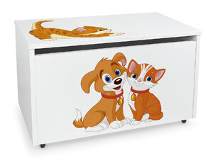 velký dřevěný box na hračky na kolečkách se sedátkem - kočka a pes