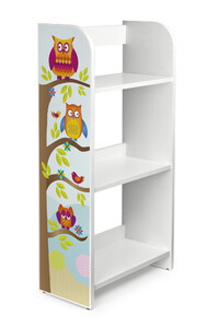 bílá dřevěná knihovna - 3 police - sovy