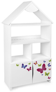 velká bílá dřevěná knihovna se skříňkou - motýli