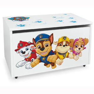 dřevěný box na hračky na kolečkách se sedátkem - paw patrol chase skye marshall rubble 01