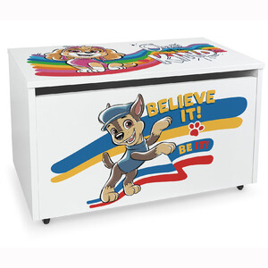 dřevěný box na hračky na kolečkách se sedátkem na stoličku - paw patrol chase skye 09