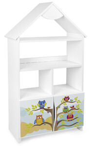 velká bílá dřevěná knihovna se skříňkou -  sovy